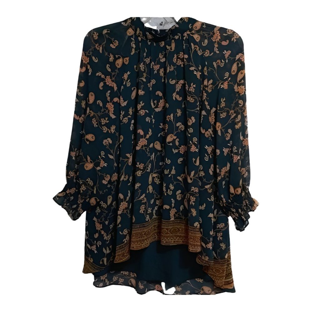 DR2 Long Sleeve High Collar Lined Tunic Green Floral Size XXL